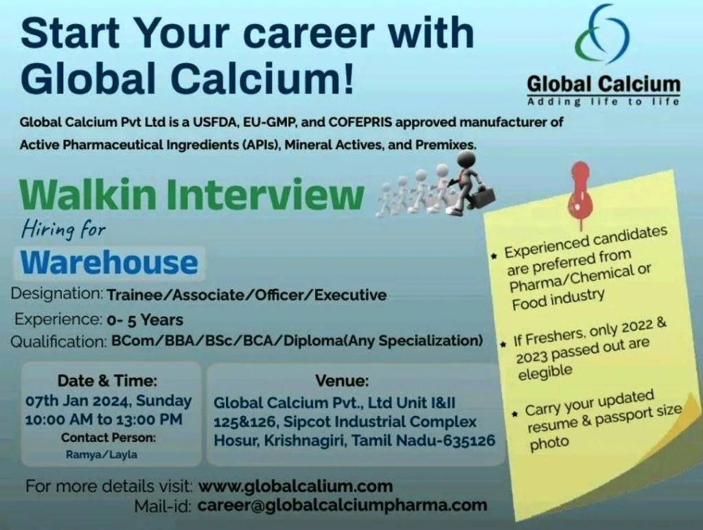 Global Calcium - Walk-In Interviews on Freshers & Experienced on 6th & 7th Jan 20241